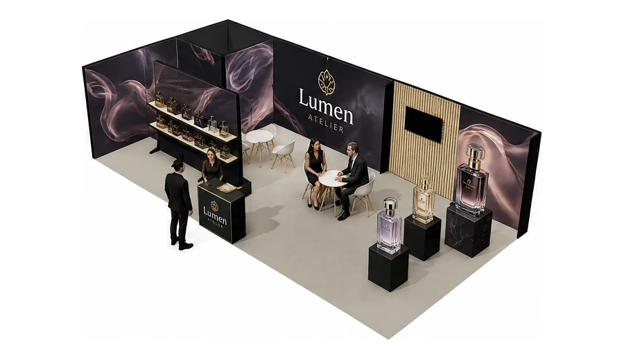 Stoisko 10 × 5 m narożne lewe dla branży perfumy, przykładowa marka Lumen Atelier