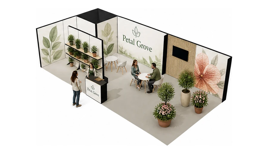 Stoisko 10 × 5 m narożne lewe dla branży rośliny i kwiaciarstwo, przykładowa marka Petal Grove