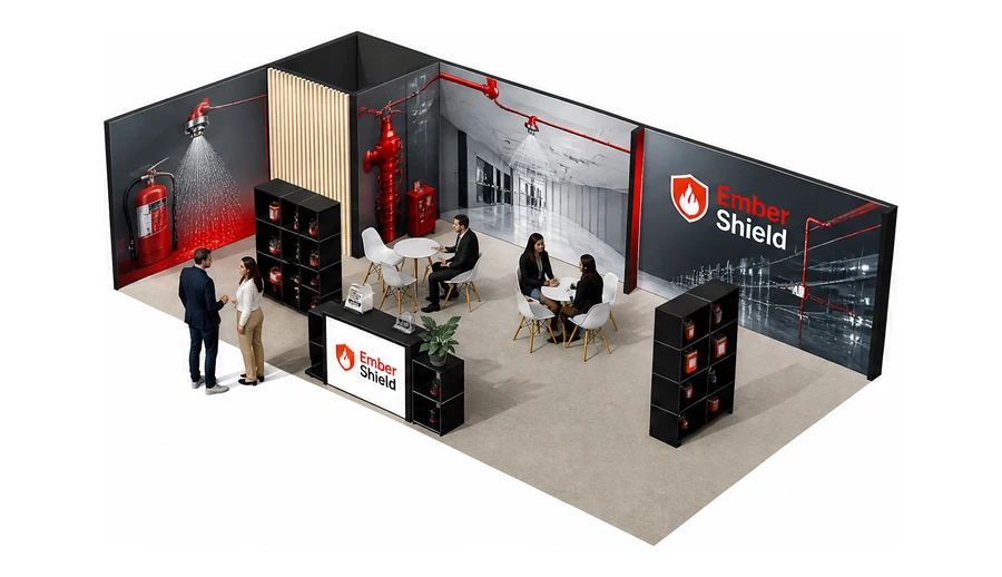 Stoisko 10 × 5 m narożne lewe dla branży ochrona przeciwpożarowa, przykładowa marka Ember Shield