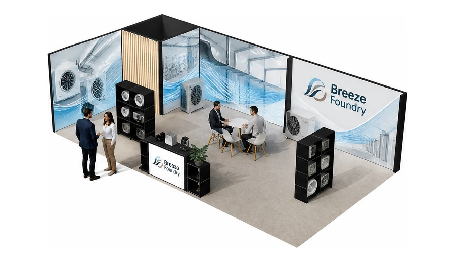 Stoisko 10 × 5 m narożne lewe dla branży wentylacja i klimatyzacja, przykładowa marka Breeze Foundry