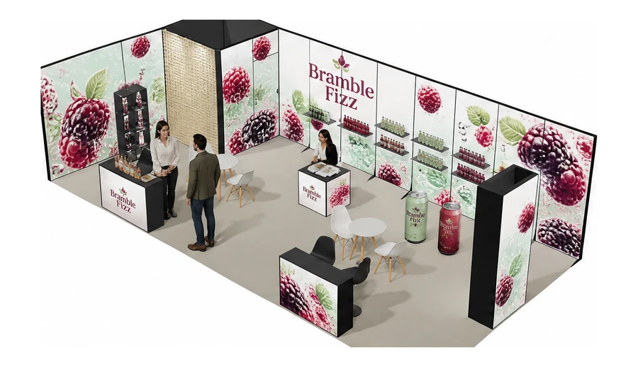 Stoisko 10 × 5 m narożne lewe dla branży napoje, przykładowa marka Bramble Fizz