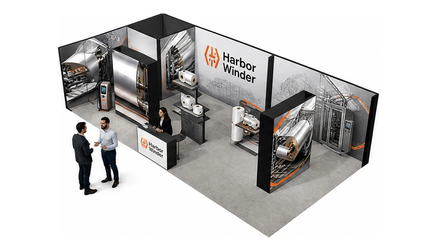 Stoisko 10 × 5 m narożne lewe dla branży maszyny pakujące, przykładowa marka Harbor Winder