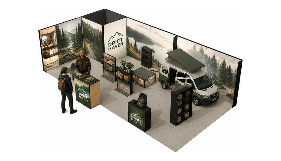 Stoisko 10 × 5 m narożne lewe dla branży caravaning i kampery, przykładowa marka Drift Haven