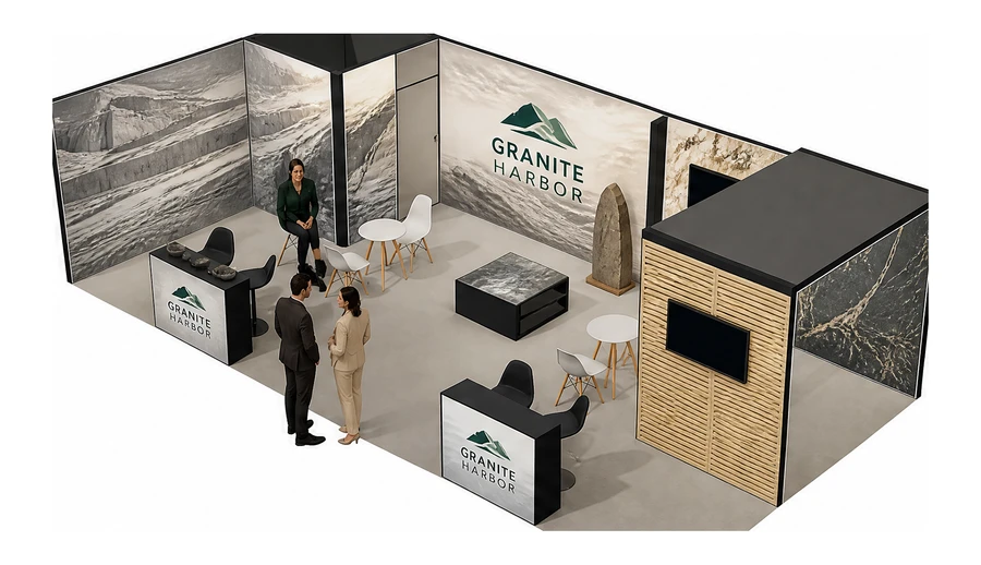 Stoisko 10 × 5 m narożne lewe dla branży kamień i kamieniarstwo, przykładowa marka Granite Harbor