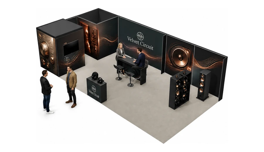 Stoisko 10 × 5 m narożne lewe dla branży sprzęt audio-video, przykładowa marka Velvet Circuit