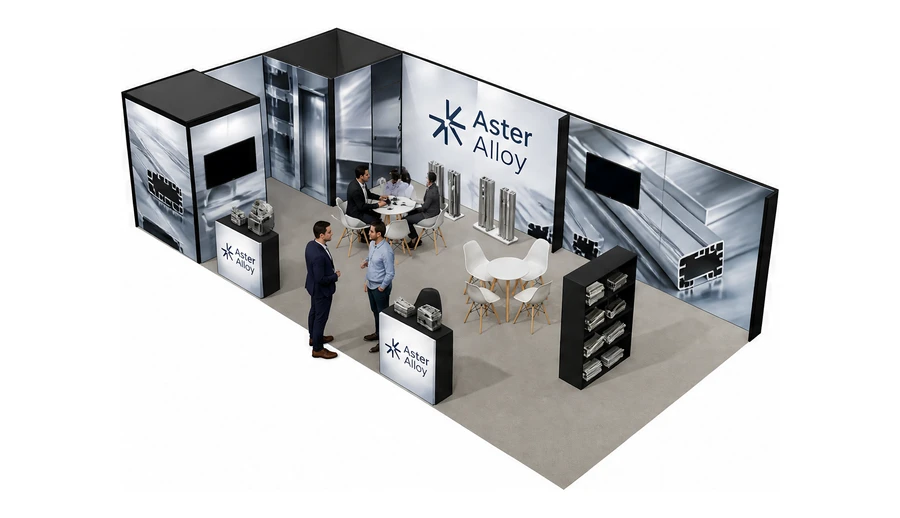 Stoisko 10 × 5 m narożne lewe dla branży profile aluminiowe, przykładowa marka Aster Alloy