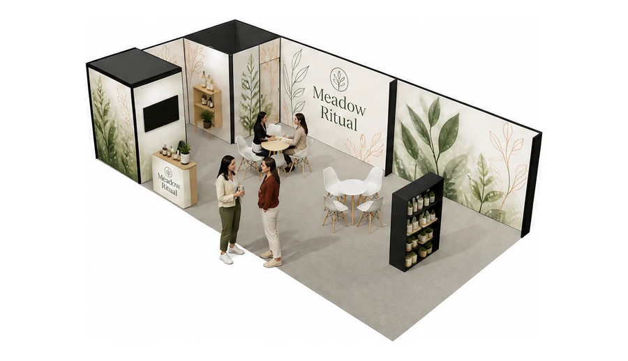 Stoisko 10 × 5 m narożne lewe dla branży kosmetyki naturalne, przykładowa marka Meadow Ritual