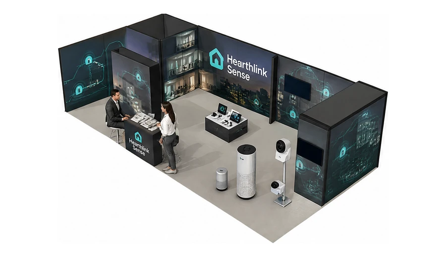 Stoisko 10 × 5 m narożne lewe dla branży smart home i IoT, przykładowa marka Hearthlink Sense