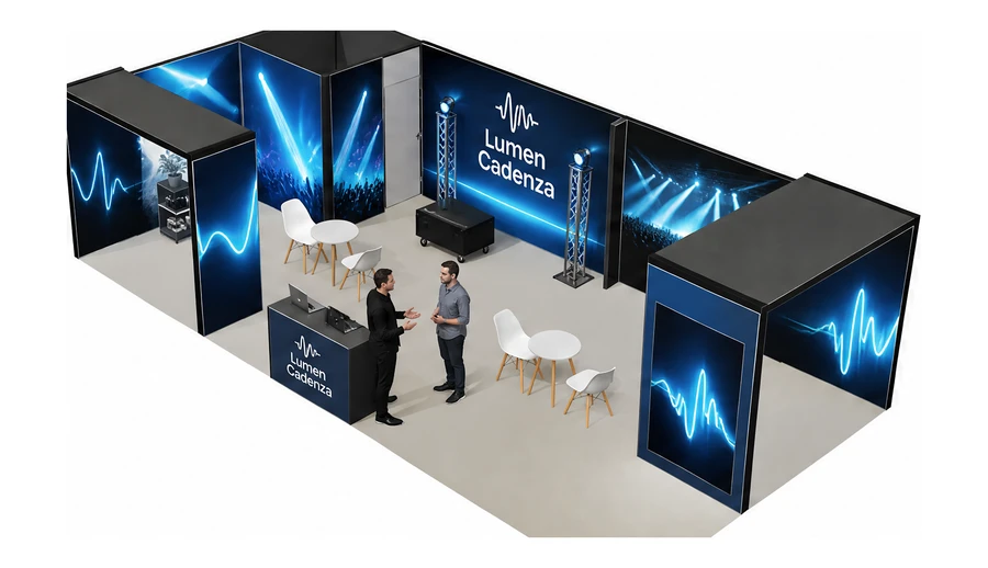 Stoisko 10 × 5 m narożne lewe dla branży branża eventowa, przykładowa marka Lumen Cadenza