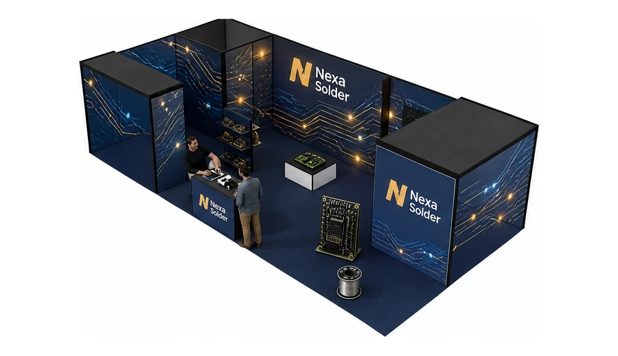 Stoisko 10 × 5 m narożne lewe dla branży komponenty elektroniczne, przykładowa marka Nexa Solder