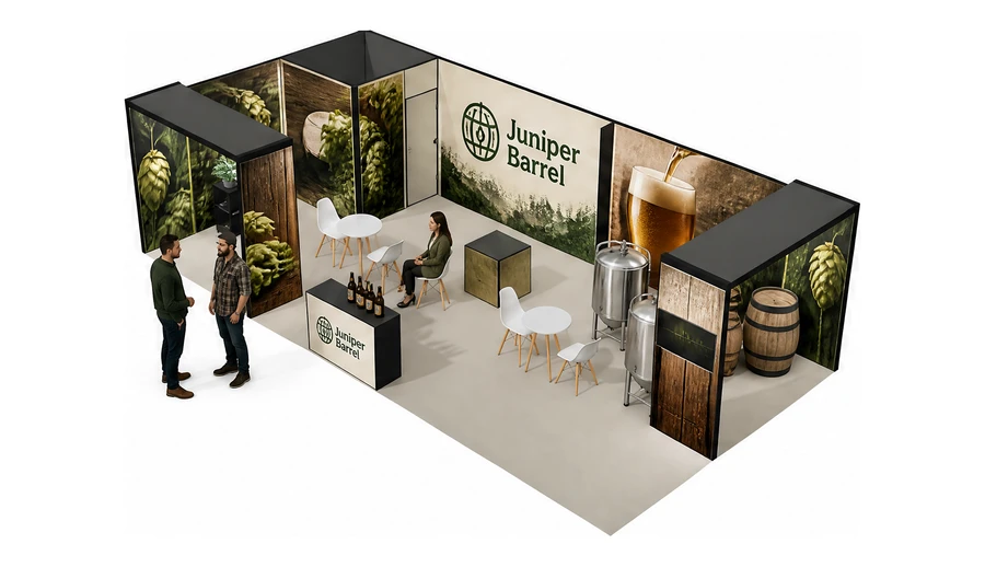 Stoisko 10 × 5 m narożne lewe dla branży browar rzemieślniczy, przykładowa marka Juniper Barrel