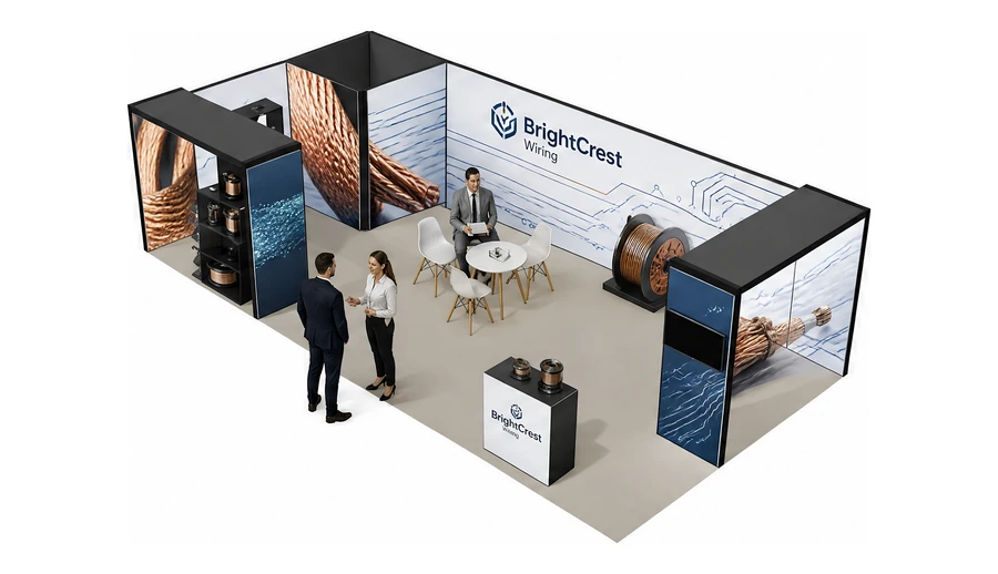 Stoisko 10 × 5 m narożne lewe dla branży kable i elektrotechnika, przykładowa marka BrightCrest Wiring