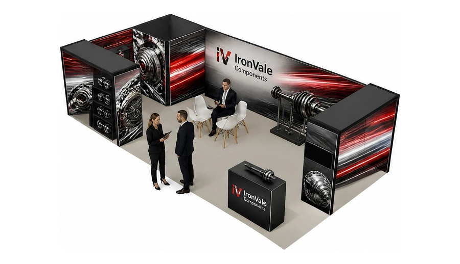 Stoisko 10 × 5 m narożne lewe dla branży części motoryzacyjne, przykładowa marka IronVale Components