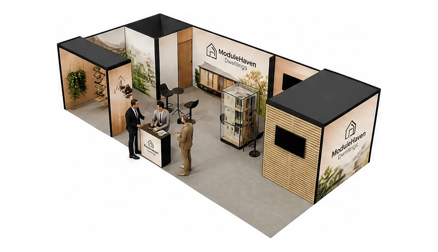 Stoisko 10 × 5 m narożne lewe dla branży domy modułowe i prefabrykacja, przykładowa marka ModuleHaven Dwellings