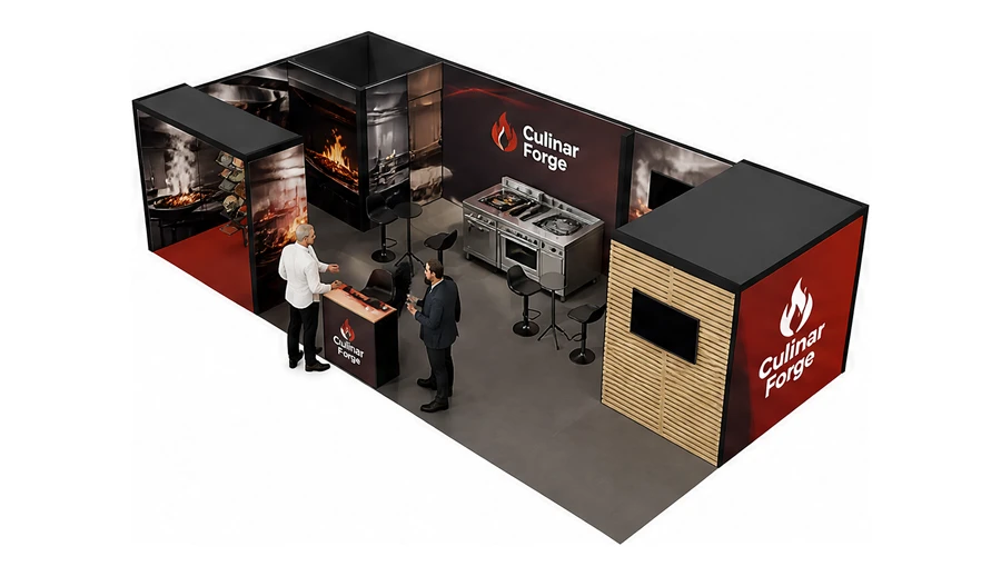 Stoisko 10 × 5 m narożne lewe dla branży wyposażenie gastronomii, przykładowa marka Culinar Forge