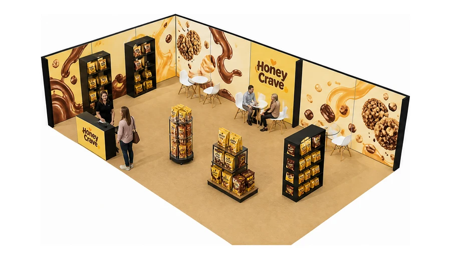Stoisko 10 × 6 m narożne lewe dla branży słodycze i przekąski, przykładowa marka Honey Crave