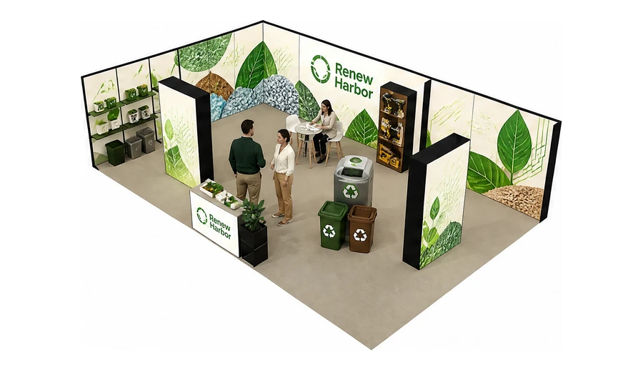 Stoisko 10 × 6 m narożne lewe dla branży recykling i ochrona środowiska, przykładowa marka Renew Harbor
