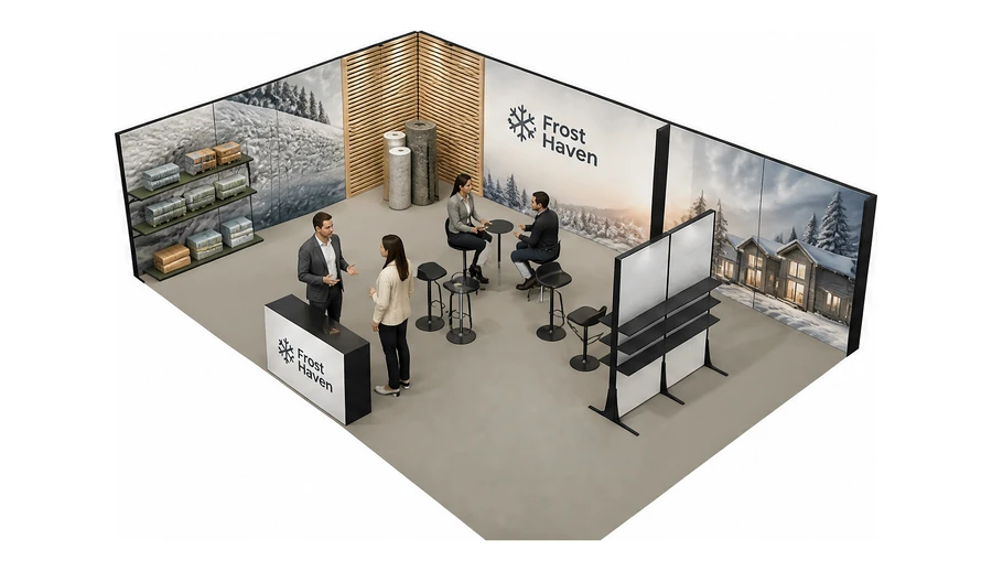 Stoisko 10 × 6 m narożne lewe dla branży izolacje techniczne, przykładowa marka Frost Haven