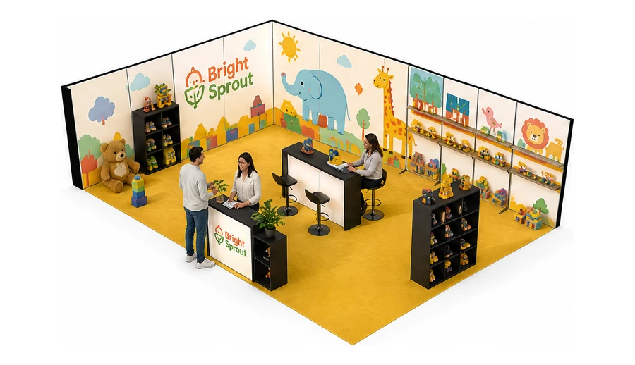 Stoisko 10 × 6 m narożne lewe dla branży zabawki i artykuły dziecięce, przykładowa marka Bright Sprout
