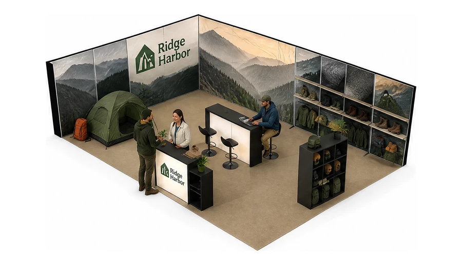 Stoisko 10 × 6 m narożne lewe dla branży odzież i sprzęt outdoorowy, przykładowa marka Ridge Harbor