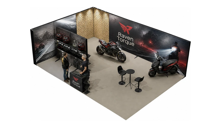 Stoisko 10 × 6 m narożne lewe dla branży motocykle i skutery, przykładowa marka Raven Torque