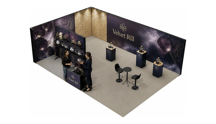 Stoisko 10 × 6 m narożne lewe dla branży perfumy, przykładowa marka Velvet Rill