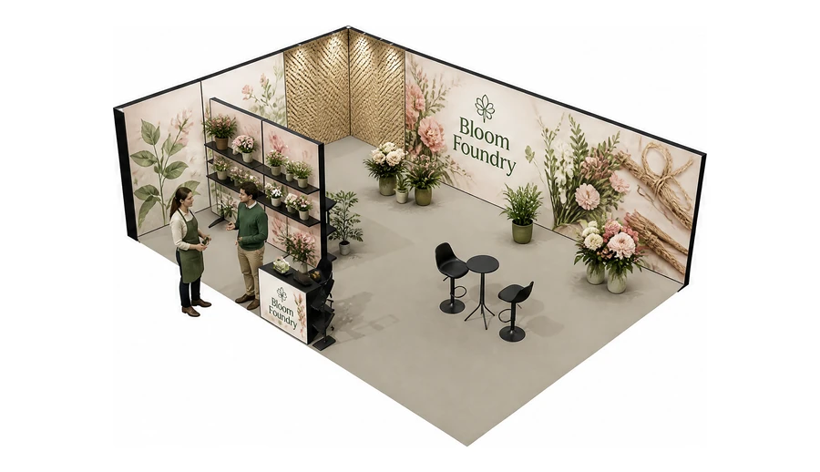 Stoisko 10 × 6 m narożne lewe dla branży rośliny i kwiaciarstwo, przykładowa marka Bloom Foundry