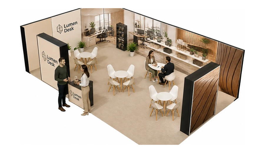 Stoisko 10 × 6 m narożne lewe dla branży meble biurowe, przykładowa marka Lumen Desk