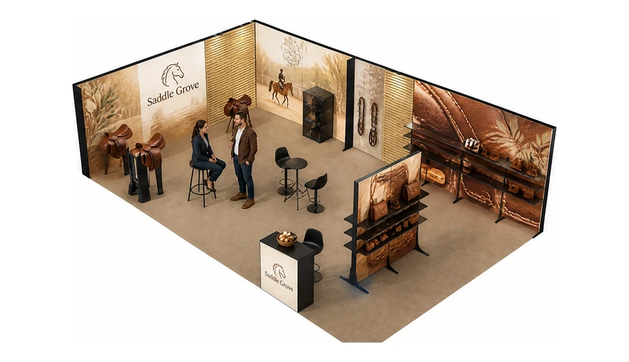 Stoisko 10 × 6 m narożne lewe dla branży jeździectwo, przykładowa marka Saddle Grove