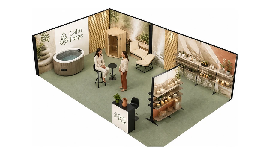 Stoisko 10 × 6 m narożne lewe dla branży spa i wellness, przykładowa marka Calm Forge