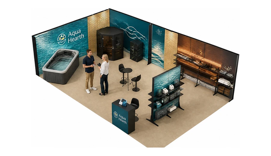 Stoisko 10 × 6 m narożne lewe dla branży baseny i sauny, przykładowa marka Aqua Hearth