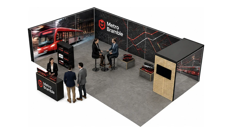 Stoisko 10 × 6 m narożne lewe dla branży autobusy i transport zbiorowy, przykładowa marka Metro Bramble