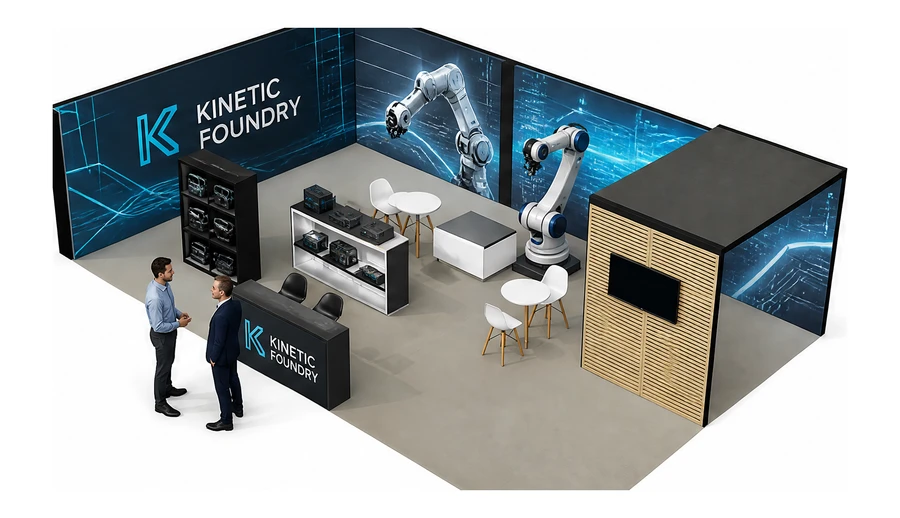 Stoisko 10 × 6 m narożne lewe dla branży automatyka przemysłowa, przykładowa marka Kinetic Foundry