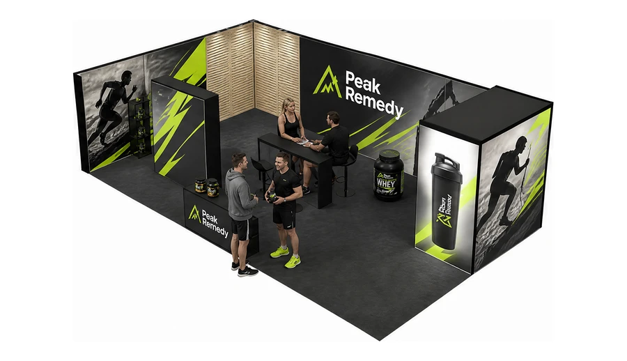 Stoisko 10 × 6 m narożne lewe dla branży suplementy diety, przykładowa marka Peak Remedy