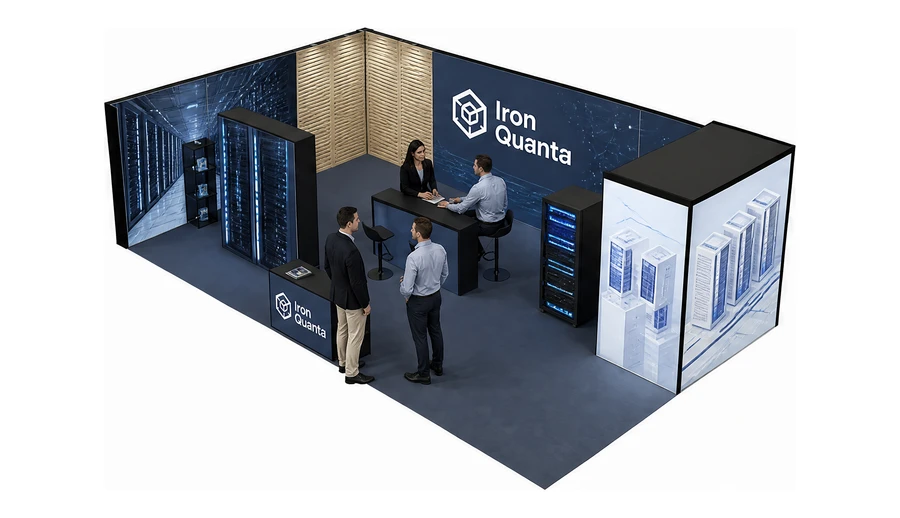 Stoisko 10 × 6 m narożne lewe dla branży infrastruktura IT i data center, przykładowa marka Iron Quanta