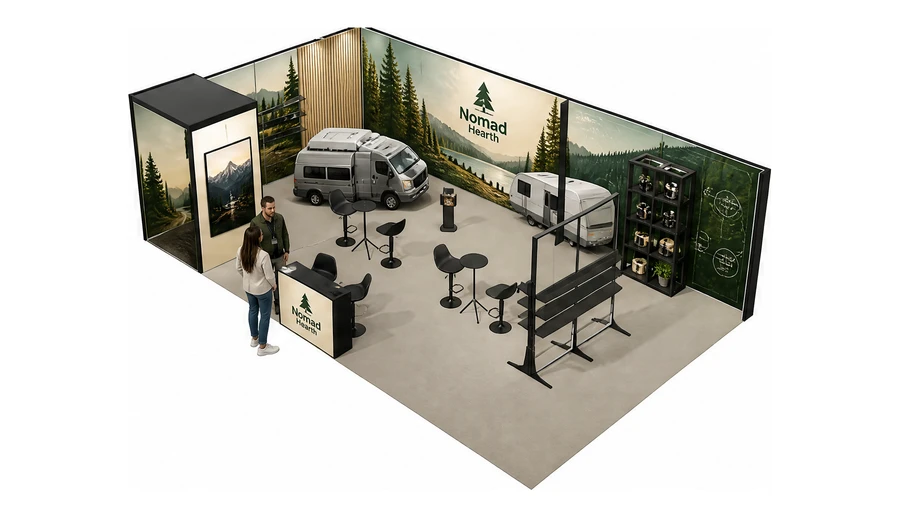 Stoisko 10 × 6 m narożne lewe dla branży caravaning i kampery, przykładowa marka Nomad Hearth