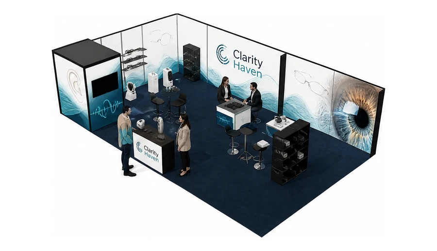Stoisko 10 × 6 m narożne lewe dla branży optyka i audiologia, przykładowa marka Clarity Haven