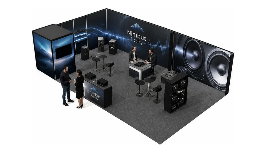 Stoisko 10 × 6 m narożne lewe dla branży sprzęt audio-video, przykładowa marka Nimbus Fidelity