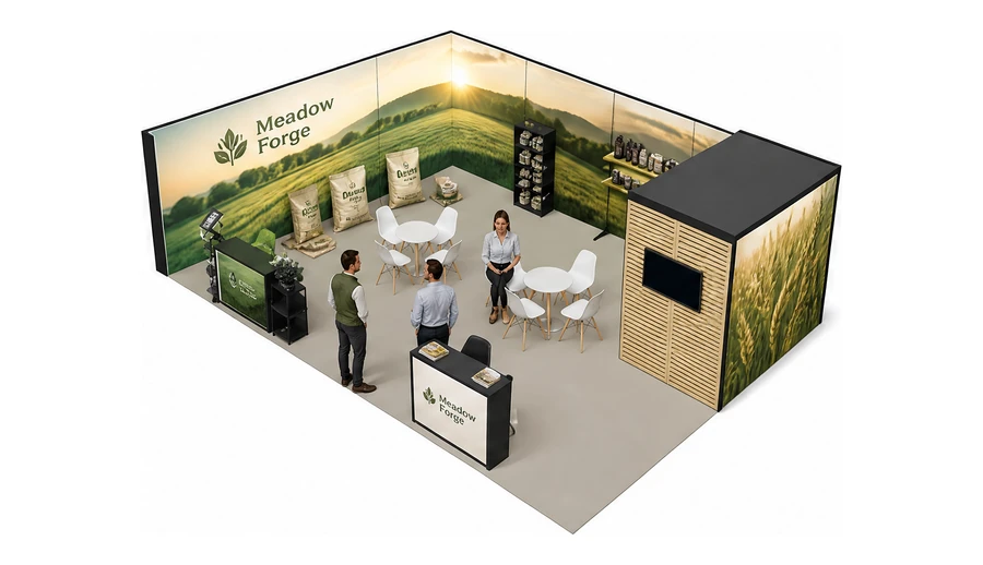 Stoisko 10 × 6 m narożne lewe dla branży hodowla i pasze, przykładowa marka Meadow Forge