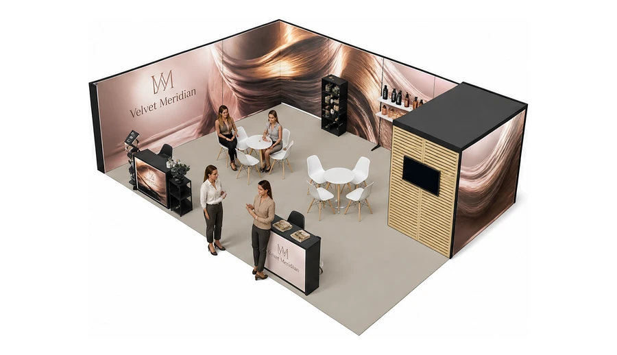 Stoisko 10 × 6 m narożne lewe dla branży fryzjerstwo i salony beauty, przykładowa marka Velvet Meridian