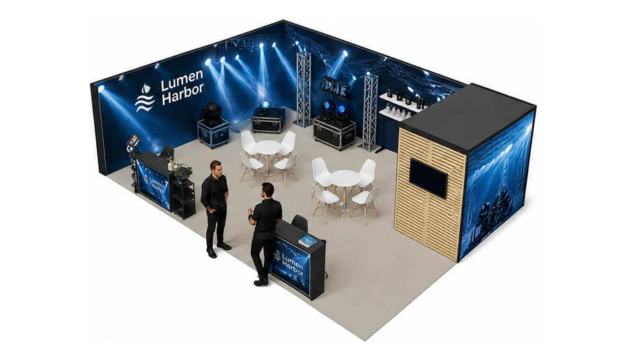 Stoisko 10 × 6 m narożne lewe dla branży branża eventowa, przykładowa marka Lumen Harbor