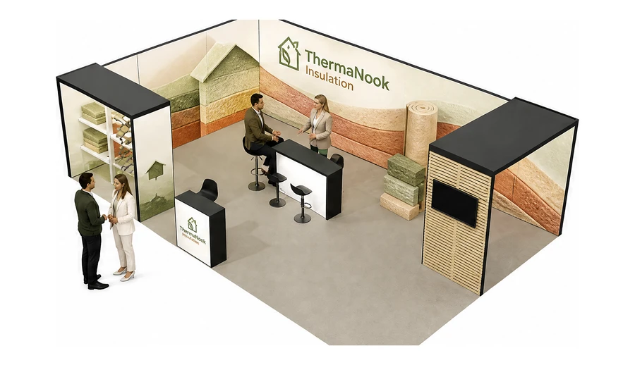 Stoisko 10 × 6 m narożne lewe dla branży izolacje techniczne, przykładowa marka ThermaNook Insulation