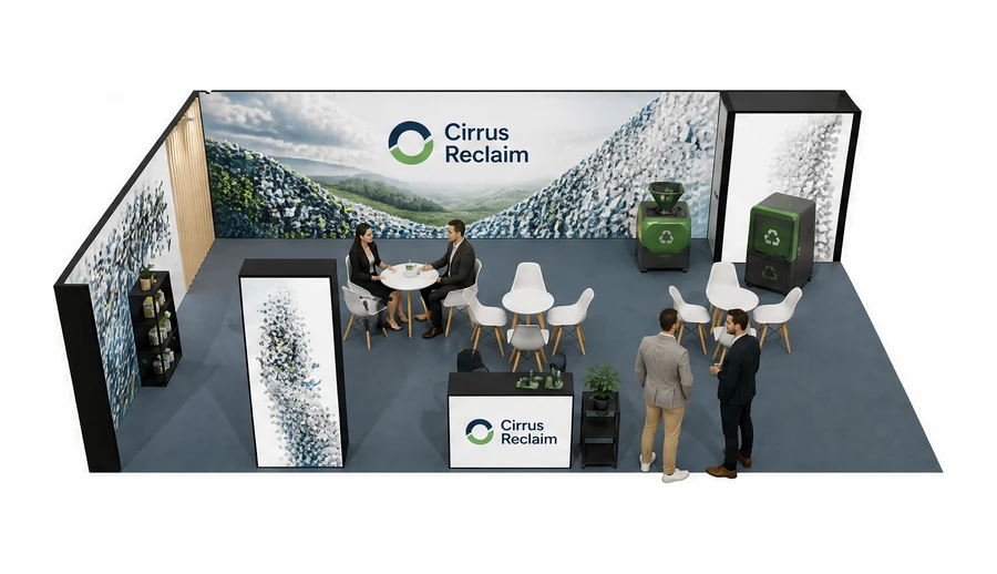Stoisko 10 × 6 m narożne lewe dla branży recykling i ochrona środowiska, przykładowa marka Cirrus Reclaim