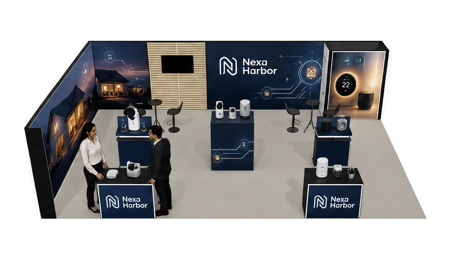 Stoisko 10 × 6 m narożne lewe dla branży smart home i IoT, przykładowa marka Nexa Harbor