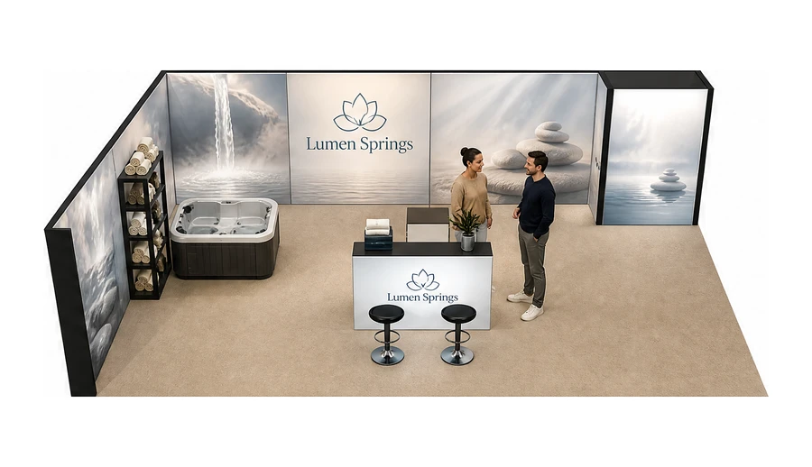 Stoisko 10 × 6 m narożne lewe dla branży spa i wellness, przykładowa marka Lumen Springs