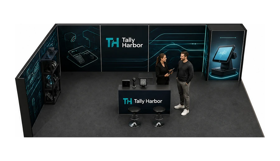 Stoisko 10 × 6 m narożne lewe dla branży technologie dla handlu, przykładowa marka Tally Harbor