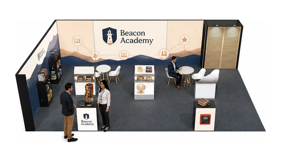 Stoisko 10 × 6 m narożne lewe dla branży edukacja i szkolenia, przykładowa marka Beacon Academy