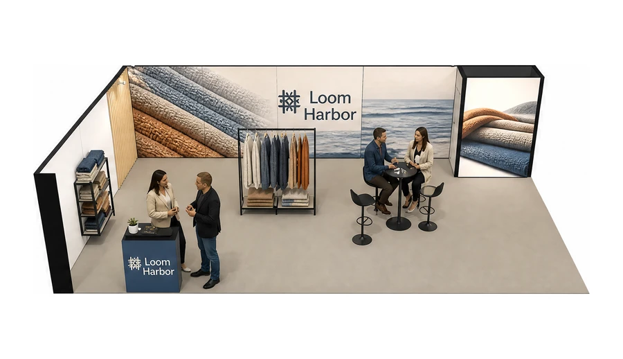 Stoisko 10 × 6 m narożne lewe dla branży tekstylia i tkaniny, przykładowa marka Loom Harbor