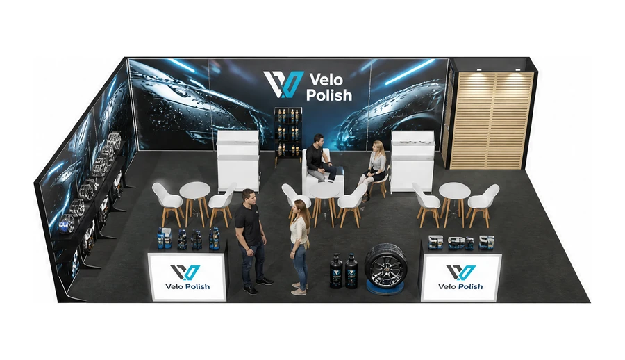 Stoisko 10 × 6 m narożne lewe dla branży tuning i detailing, przykładowa marka Velo Polish