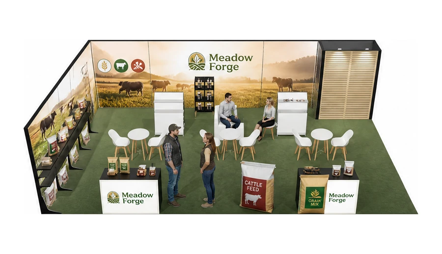 Stoisko 10 × 6 m narożne lewe dla branży hodowla i pasze, przykładowa marka Meadow Forge